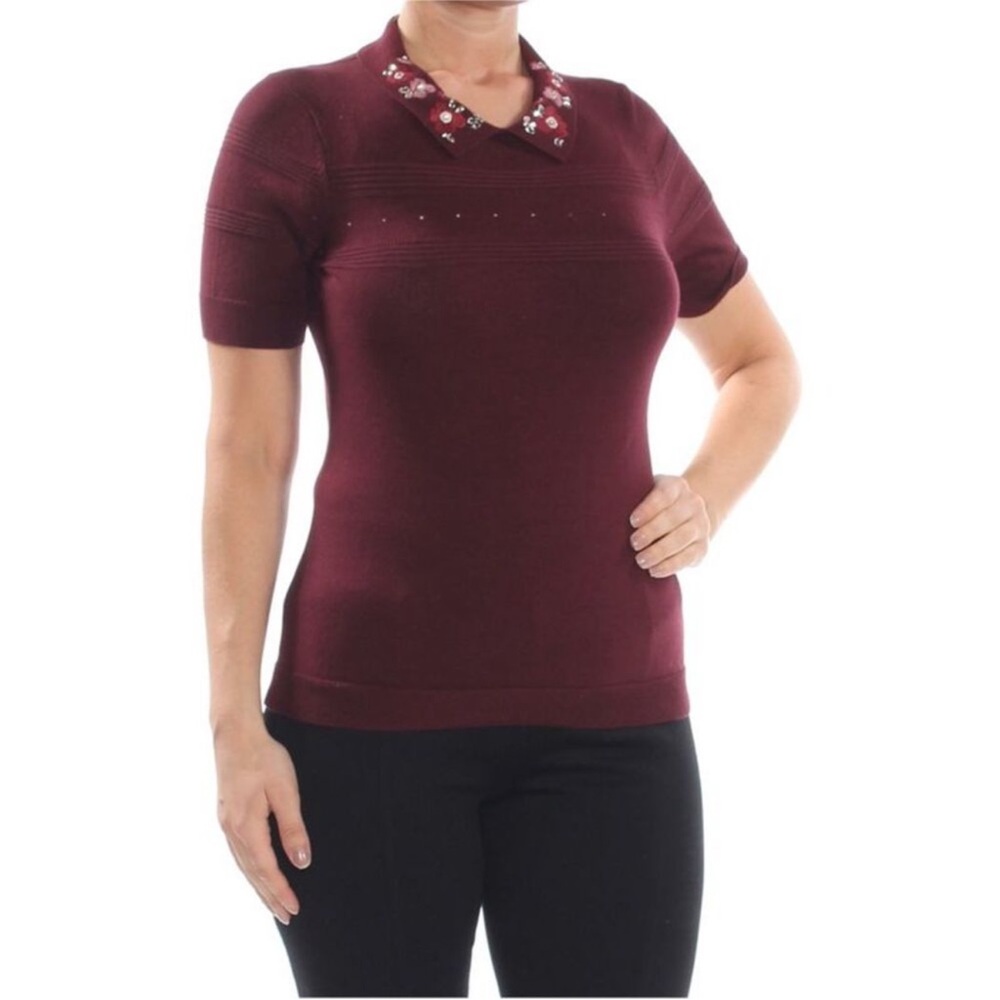 CeCe Embroidered Burgundy Women's Top
